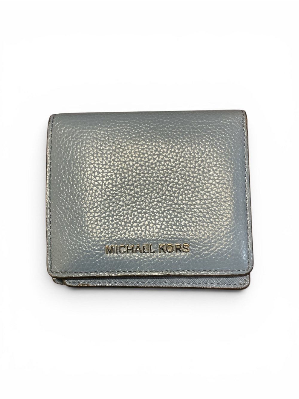 Michael Kors Blue-Grayish Pebbled Leather Compact Wallet with Gold Logo Unisex